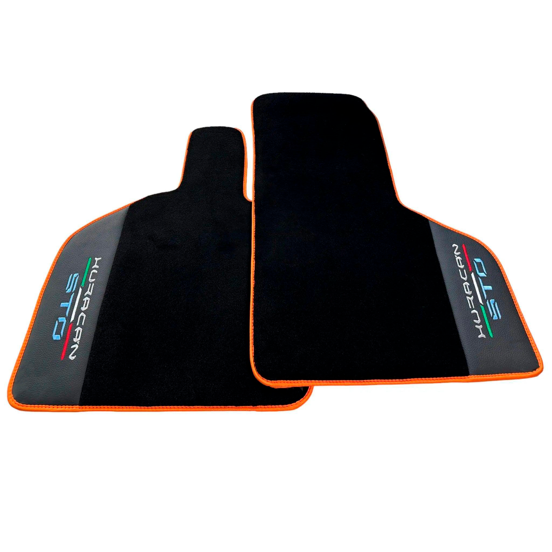 Black Floor Mats for Lamborghini Huracan STO With Black Leather and Orange Trim