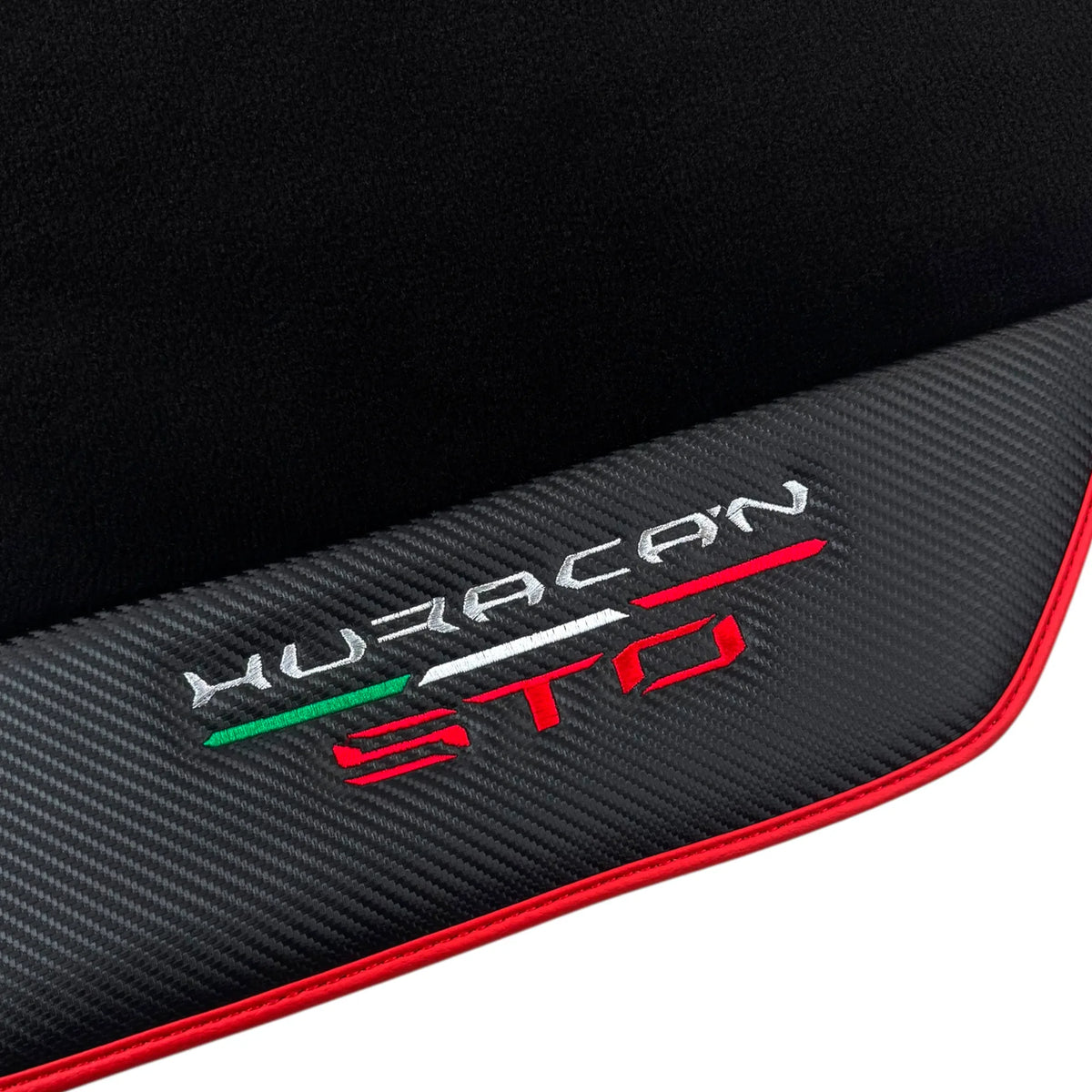 Black Floor Mats for Lamborghini Huracan STO with Carbon Fiber Leather | Red Trim