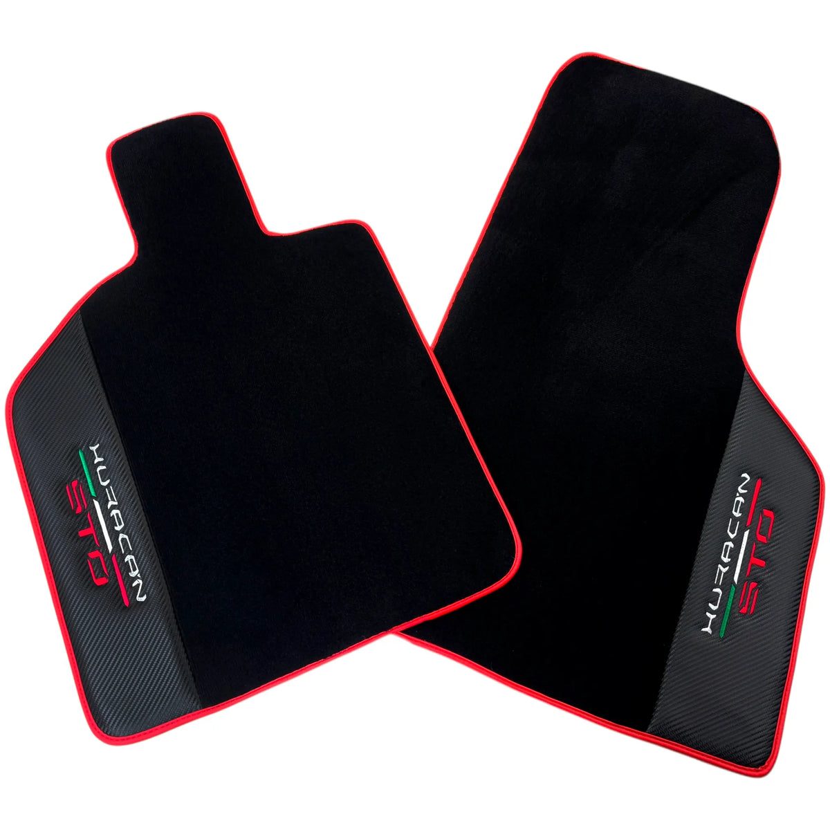 Black Floor Mats for Lamborghini Huracan STO with Carbon Fiber Leather | Red Trim