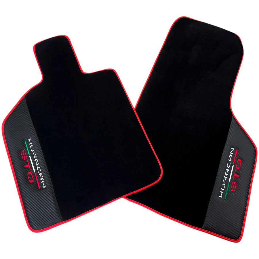 Black Floor Mats for Lamborghini Huracan STO with Carbon Fiber Leather | Red Trim