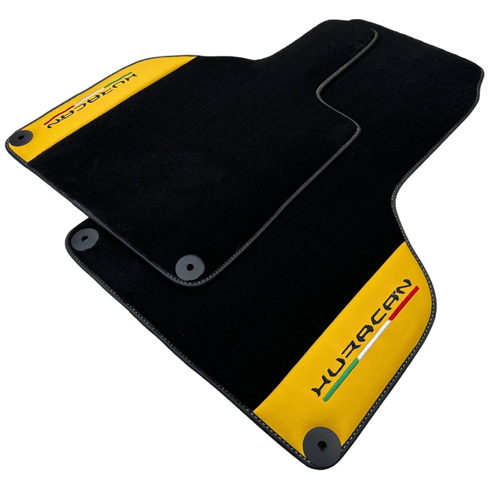 Black Floor Mats for Lamborghini Huracan With Yellow (Giallo Taurus) Nappa Leather - AutoWin