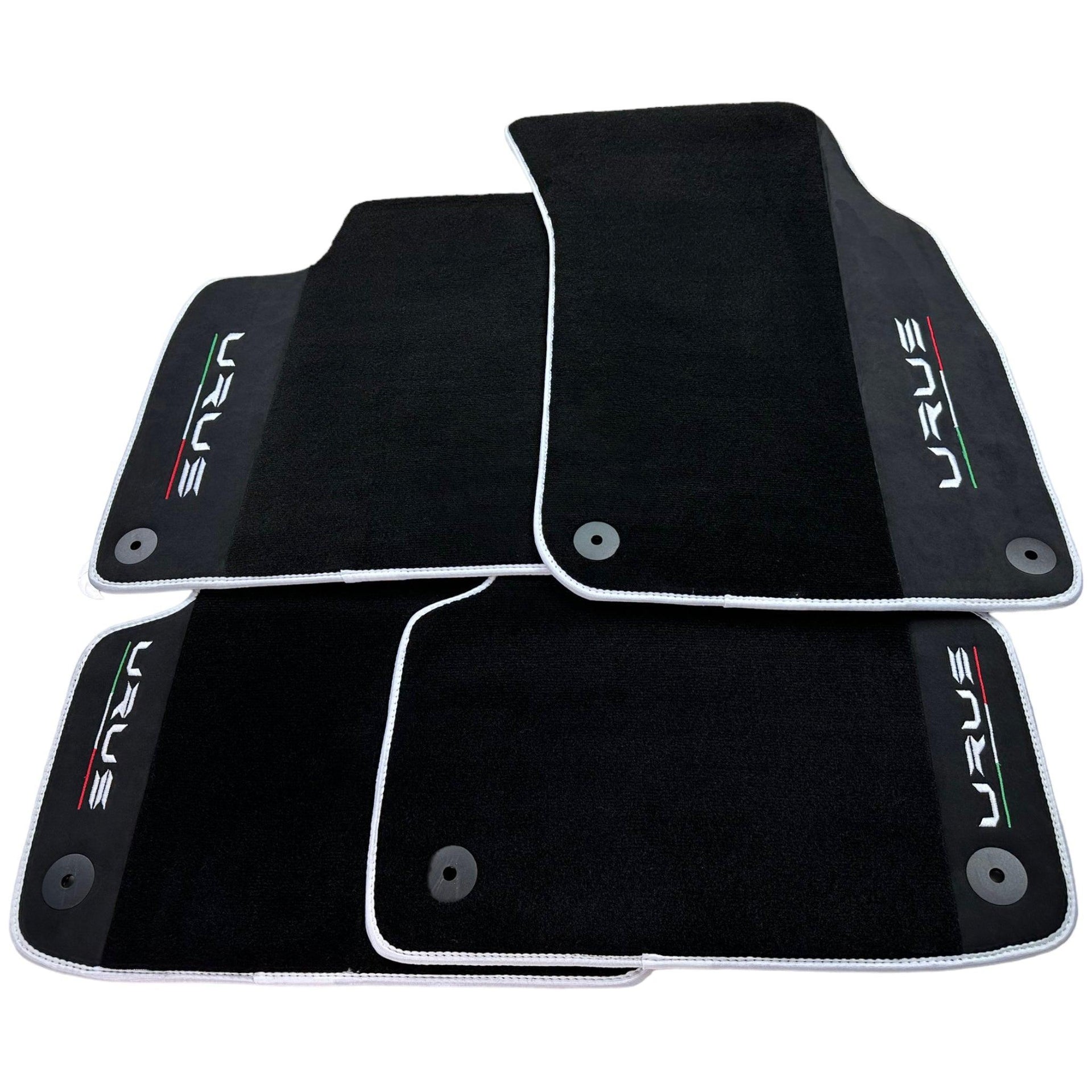 Black Floor Mats For Lamborghini Urus With Alcantara Leather White Trim - AutoWin