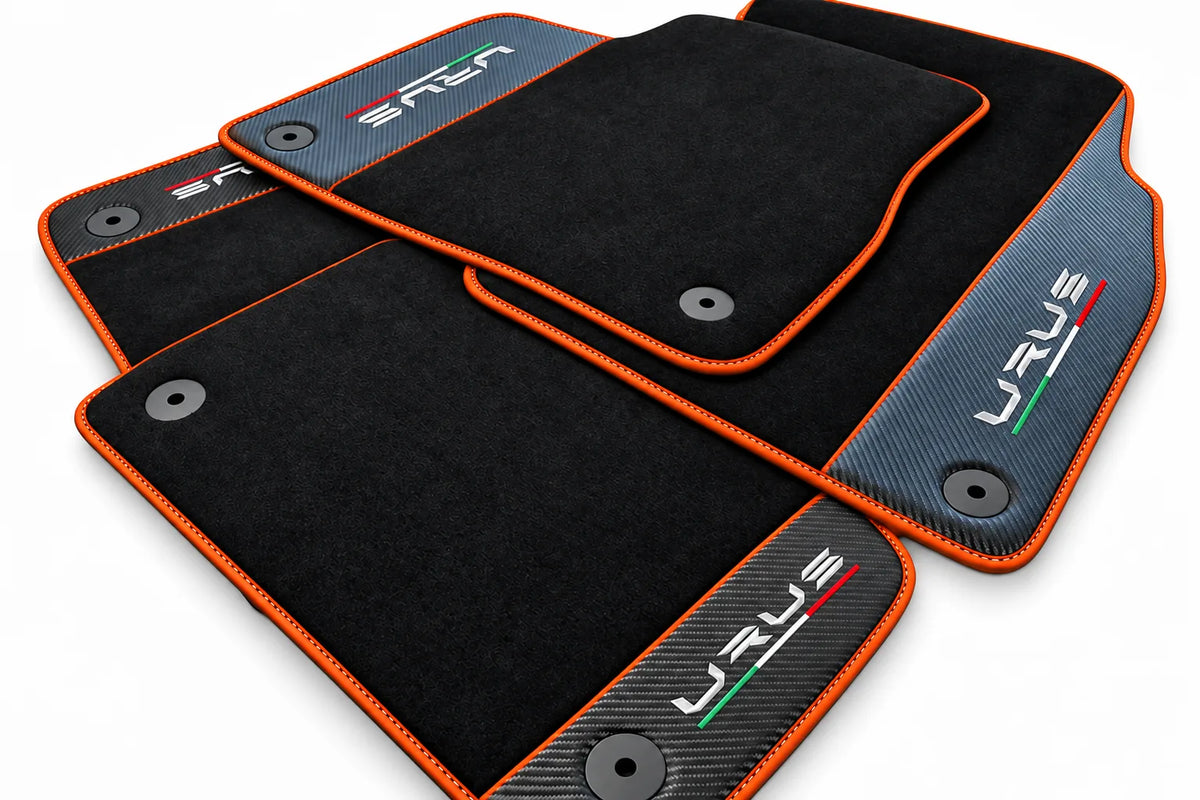 Black Floor Mats For Lamborghini Urus With Carbon Fiber Leather Orange trim