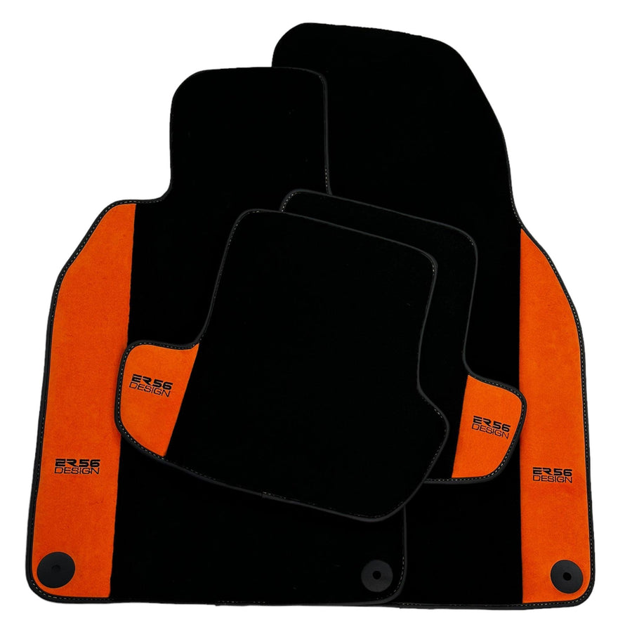 Black Floor Mats for Porsche Taycan (2019-2023) with Orange Alcantara Leather ER56 Design - AutoWin