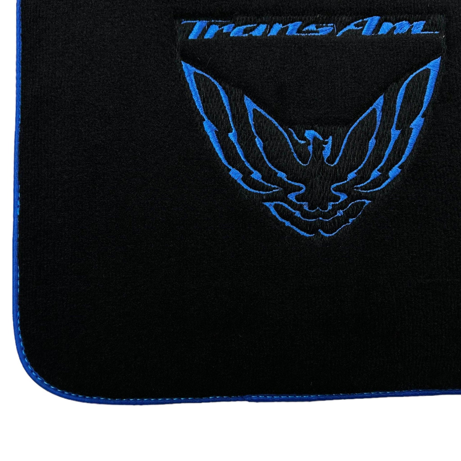 Black Floor Mats with Blue Trim for Pontiac FireBird (1970-1981) with Trans Am Logo - AutoWin
