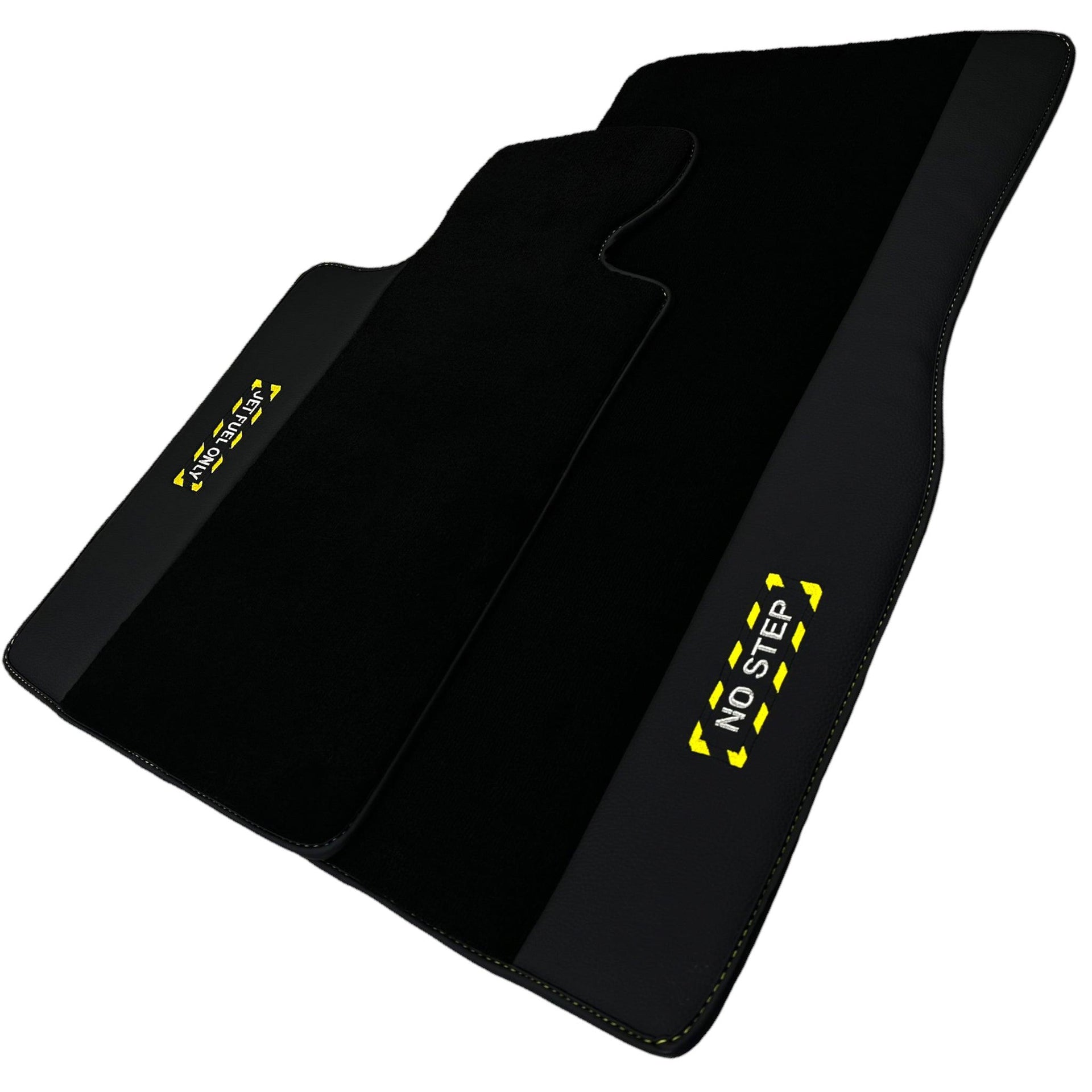 Black Floor Mats with Leather for BMW M5 G90 (2023-2026) Sedan - "Jet Fuel Only" - AutoWin