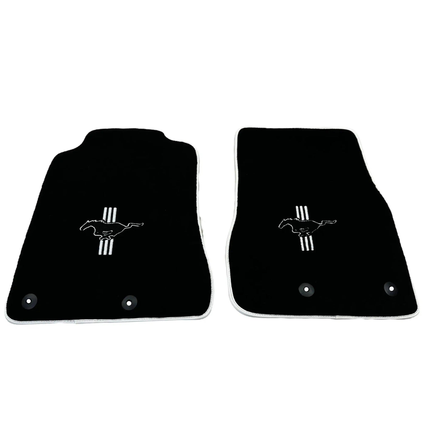 Black Floor Mats with White Trim for Ford Mustang V FL (2011-2014) With Pony - AutoWin