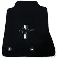 Black Floor Mats with White Trim For Ford Mustang VI (2015-2023) With Pony - AutoWin