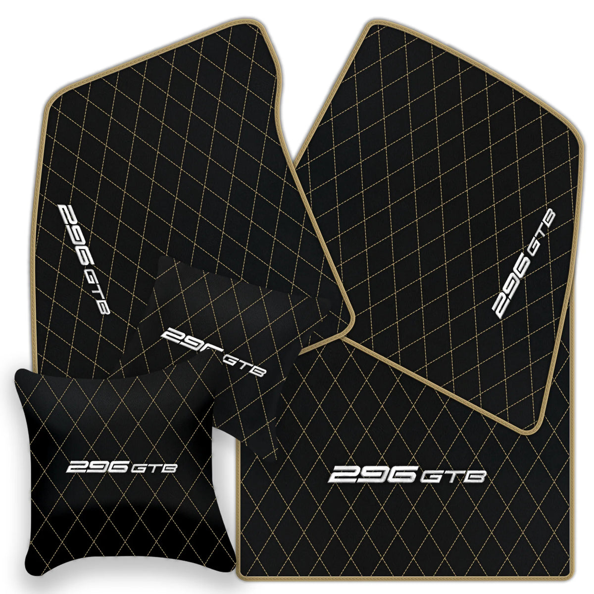 Black Leather Floor Mats for Ferrari 296 GTB (2022-2027) with Single Diamond Pattern | Full Set Option