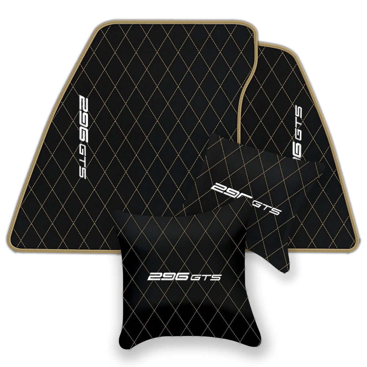 Black Leather Floor Mats for Ferrari 296 GTS (2022-2027) with Single Diamond Pattern | Full Set Option
