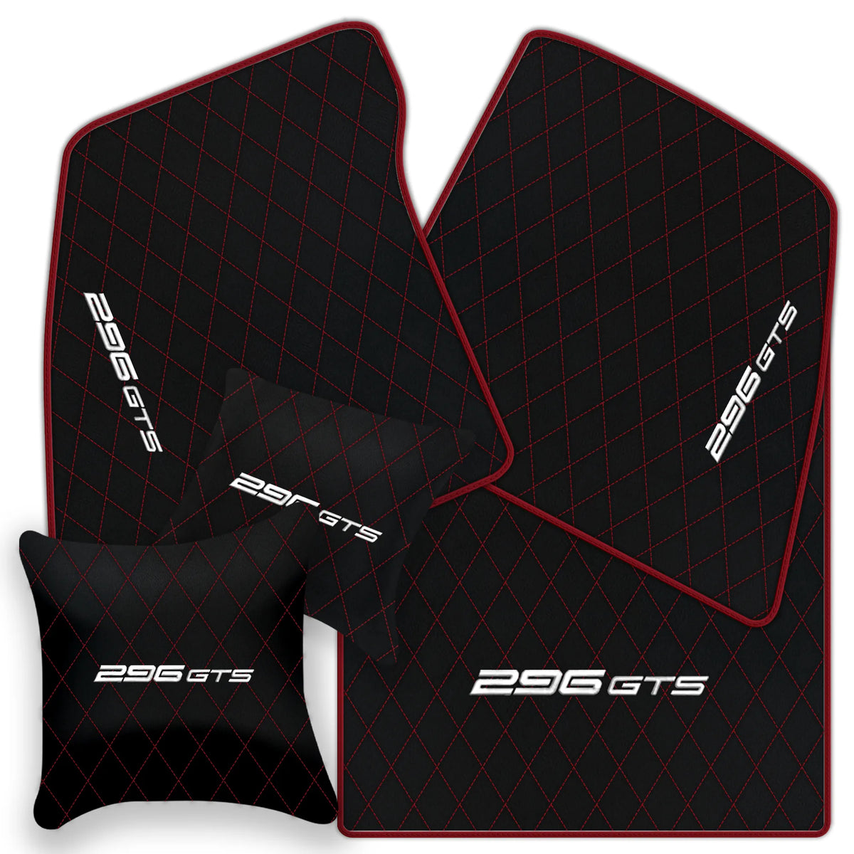 Black Leather Floor Mats for Ferrari 296 GTS (2022-2027) with Single Diamond Pattern | Full Set Option