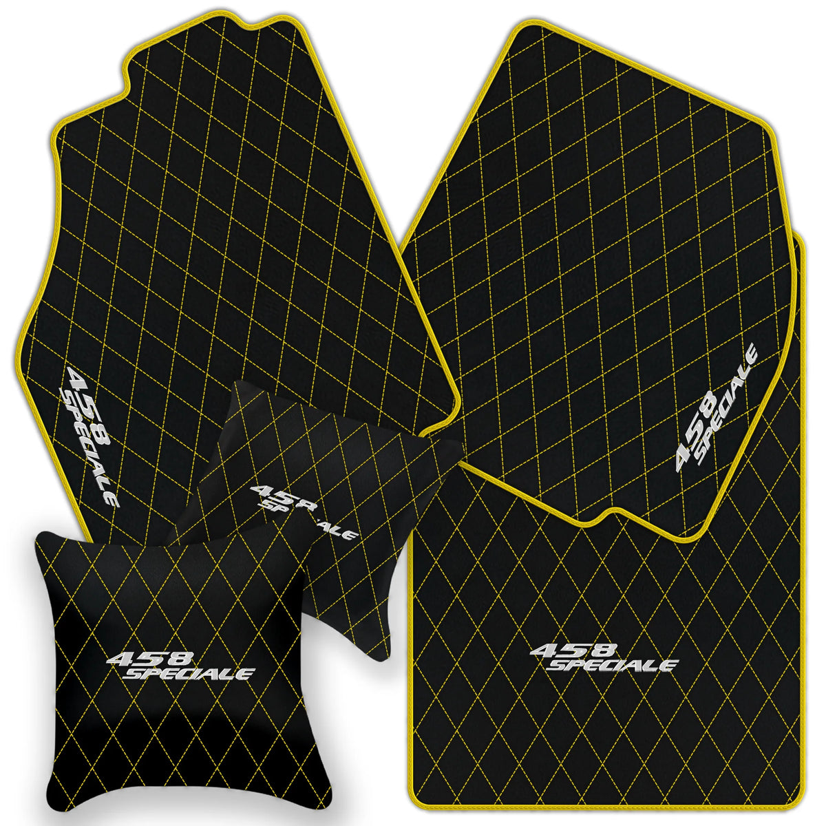 Black Leather Floor Mats for Ferrari 458 Speciale (2012-2015) with Single Diamond Pattern | Full Set Option