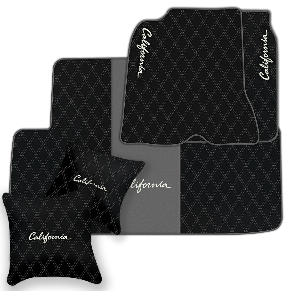 Black Leather Floor Mats for Ferrari California (2008-2014) with Double Diamond Pattern | Full Set Option