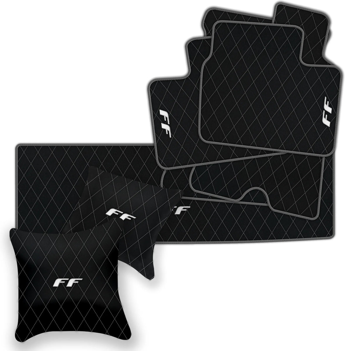 Black Leather Floor Mats for Ferrari FF (2011-2016) with Single Diamond Pattern | Full Set Option