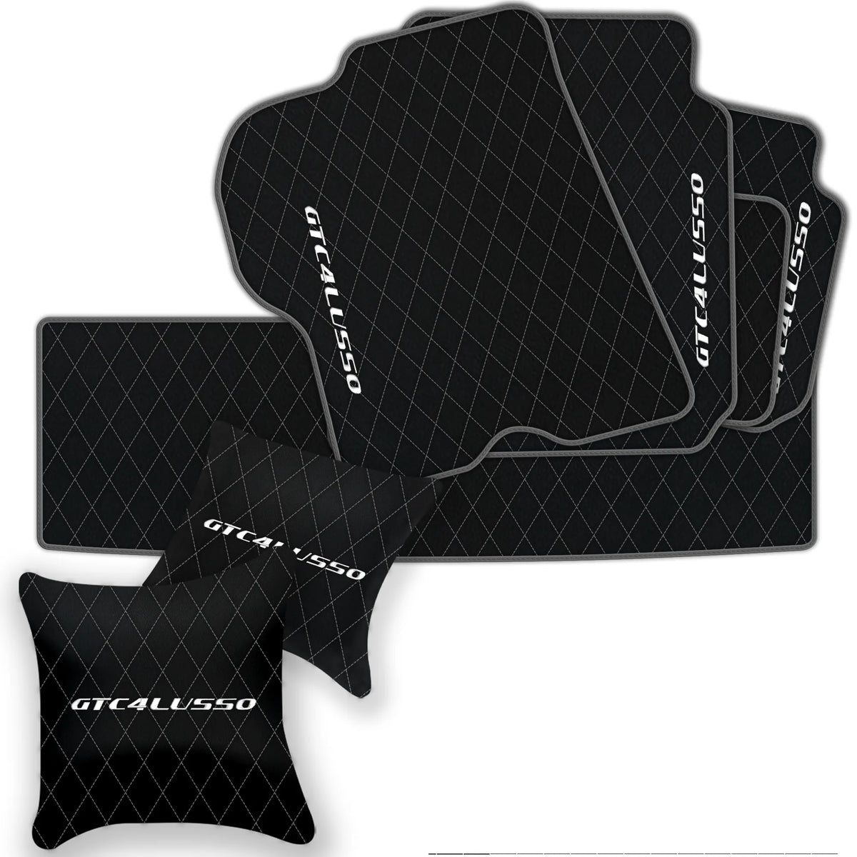 Black Leather Floor Mats for Ferrari GTC4 Lusso (2016-2023) with Single Diamond Pattern | Full Set Option