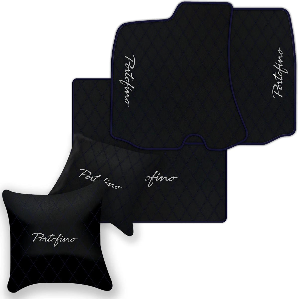 Black Leather Floor Mats for Ferrari Portofino (2018-2023) with Single Diamond Pattern | Full Set Option
