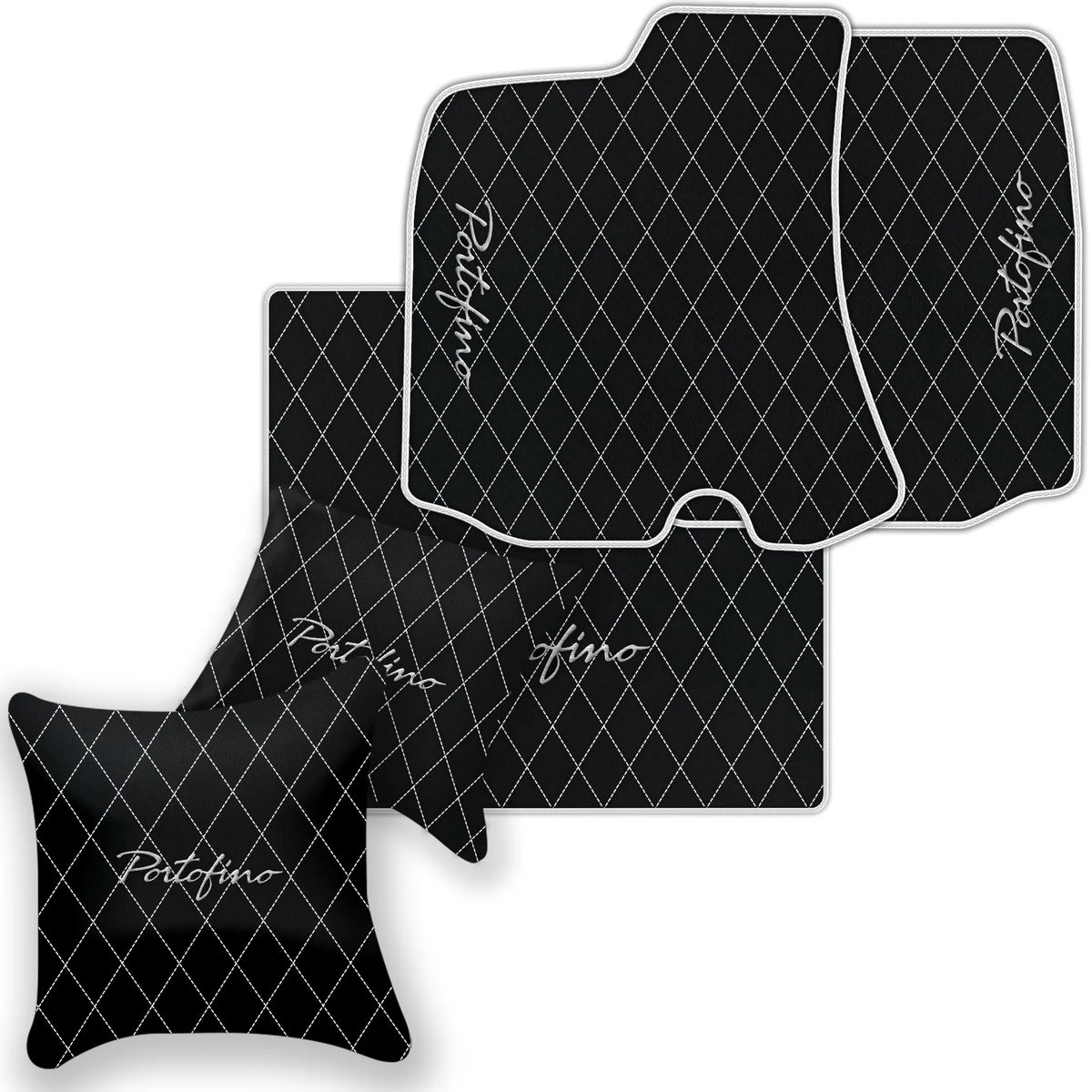 Black Leather Floor Mats for Ferrari Portofino (2018-2023) with Single Diamond Pattern | Full Set Option