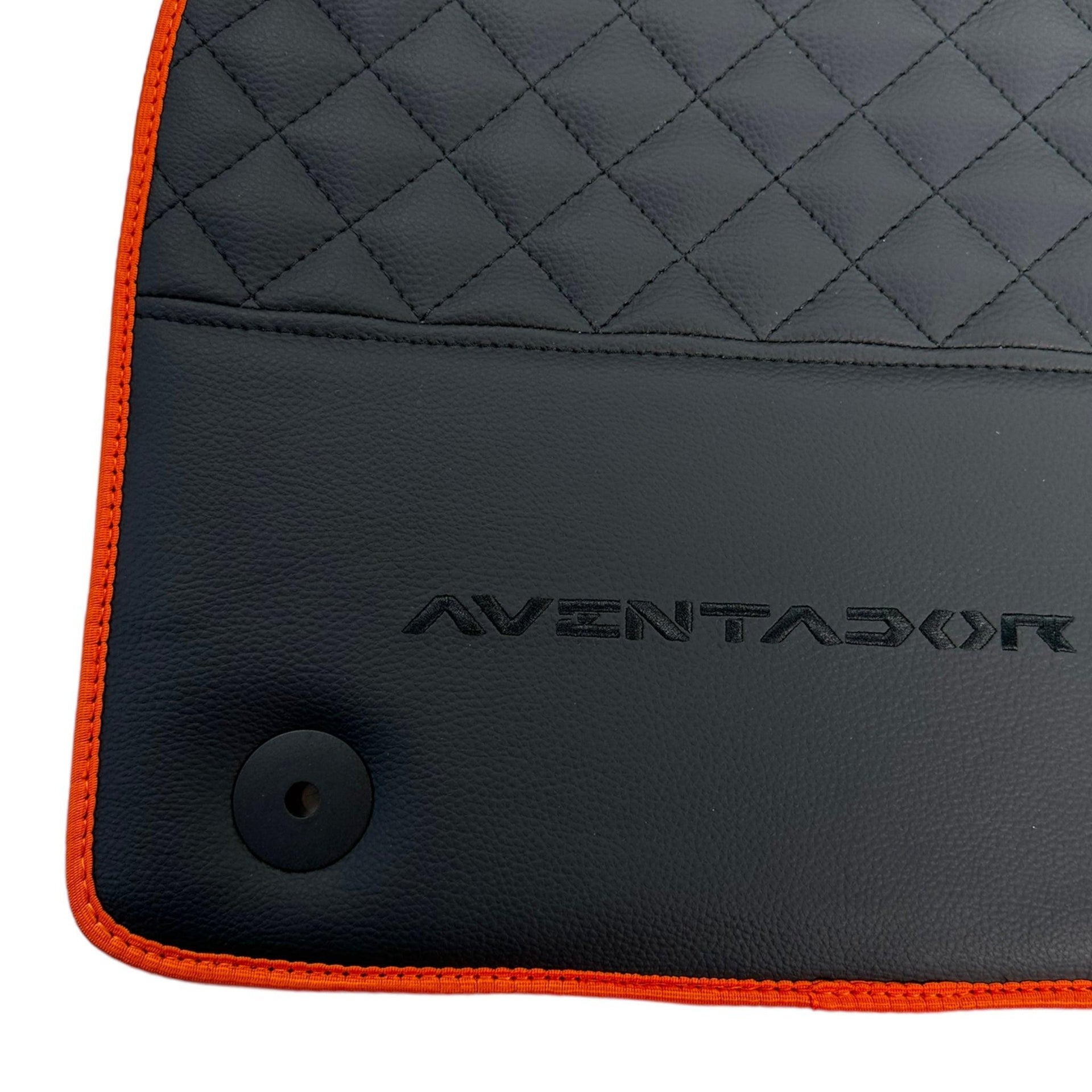 Black Leather Floor Mats For Lamborghini Aventador with Orange Trim - AutoWin