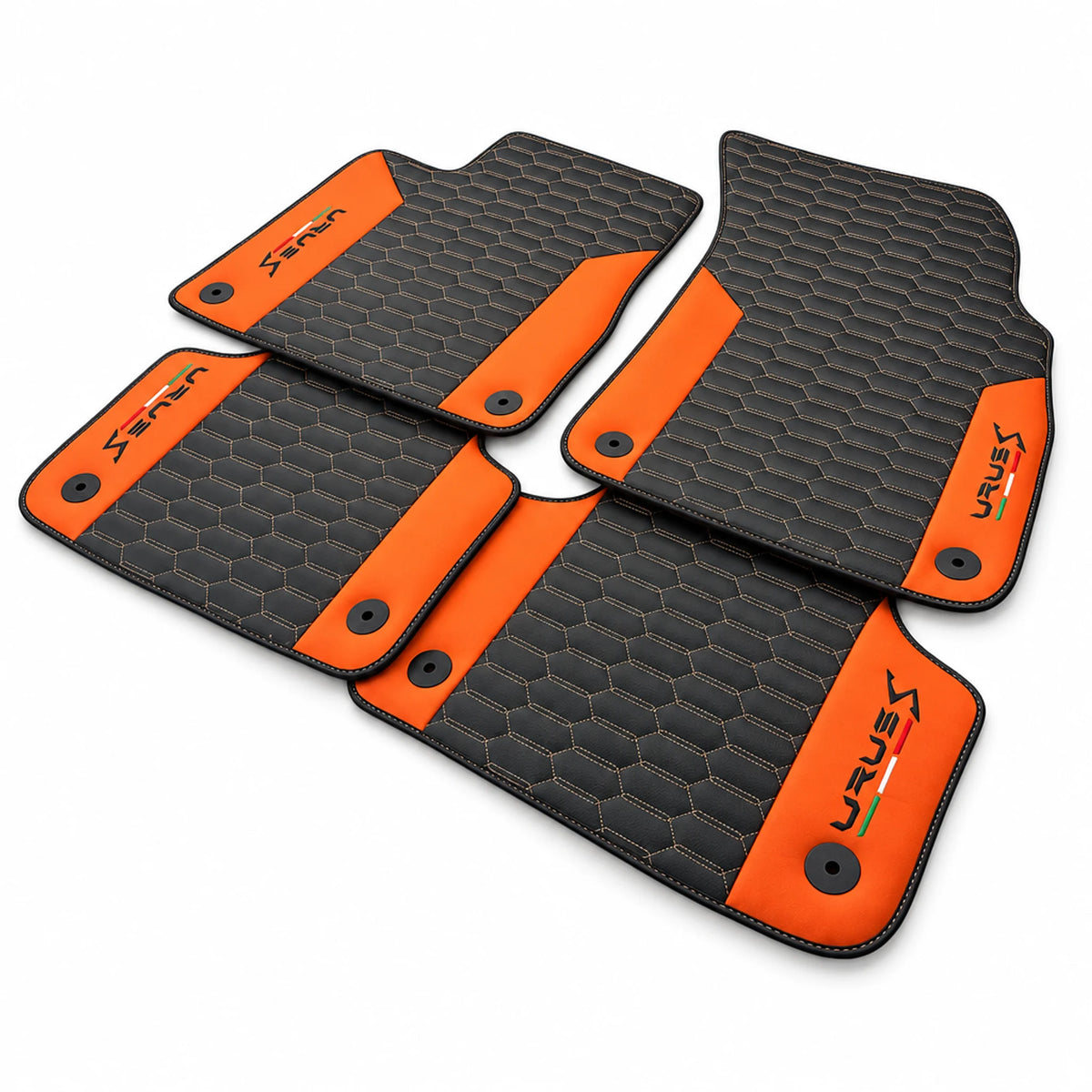 Black Leather Floor Mats For Lamborghini Urus S With Orange Nappa Leather - AutoWin