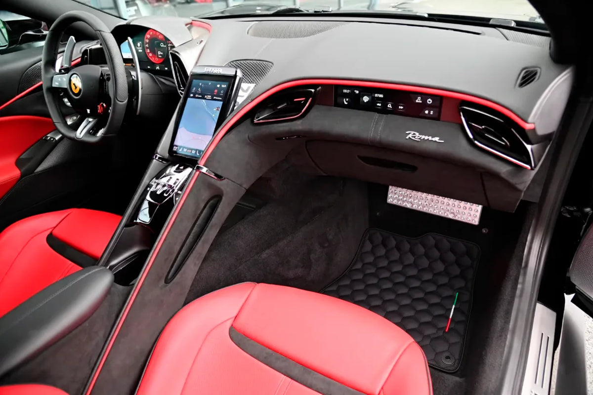 Black Leather Floor Mats with Symmetrical Hex Pattern for Ferrari Roma (2021-2027) with Italian Flag
