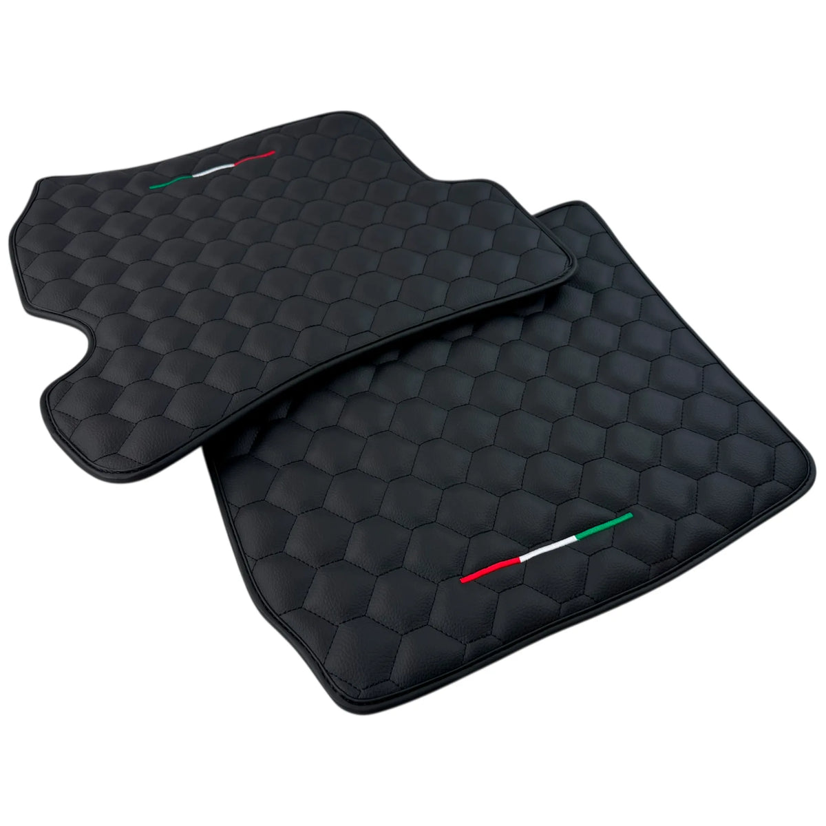 Black Leather Floor Mats with Symmetrical Hex Pattern for Ferrari Roma (2021-2027) with Italian Flag