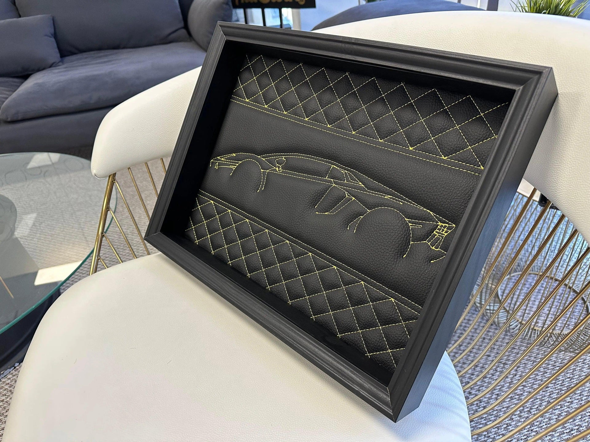Black Leather Lamborghini Aventador Inspired Wall Art: Embroidered Yellow Stitch - AutoWin