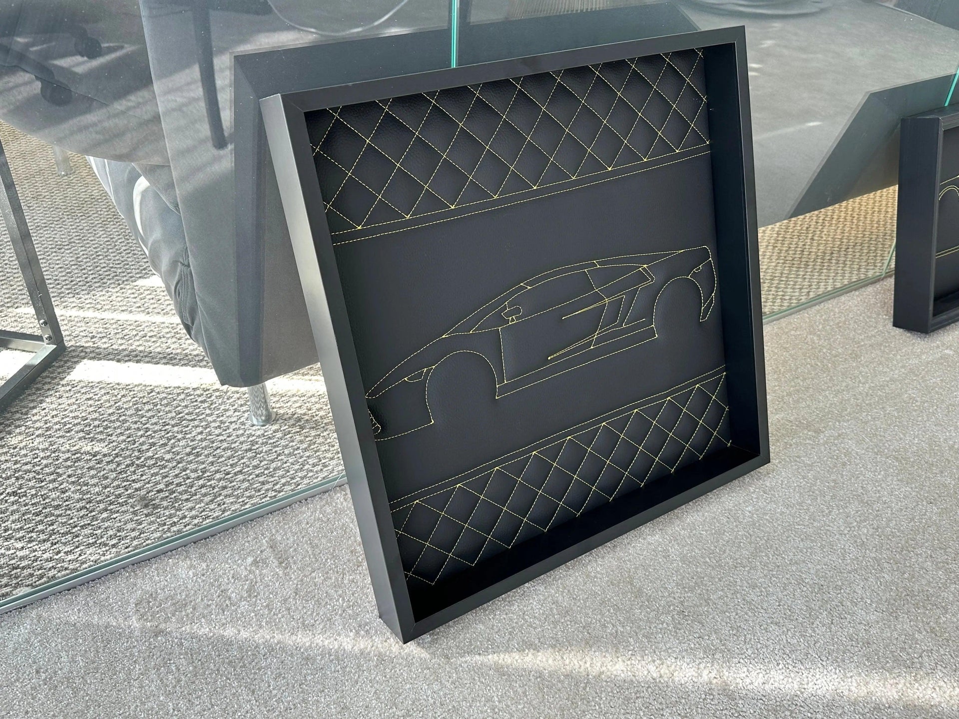 Black Leather Lamborghini Gallardo Inspired Wall Art: Embroidered Yellow Stitch Luxury Decor - AutoWin