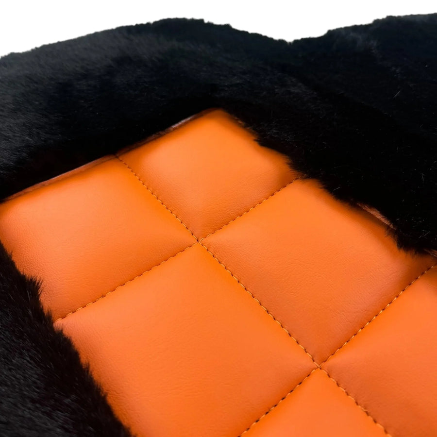 Black Sheepskin Floor Mats for Rolls-Royce Ghost Series II (2021-2024) I Orange Leather Trim - AutoWin