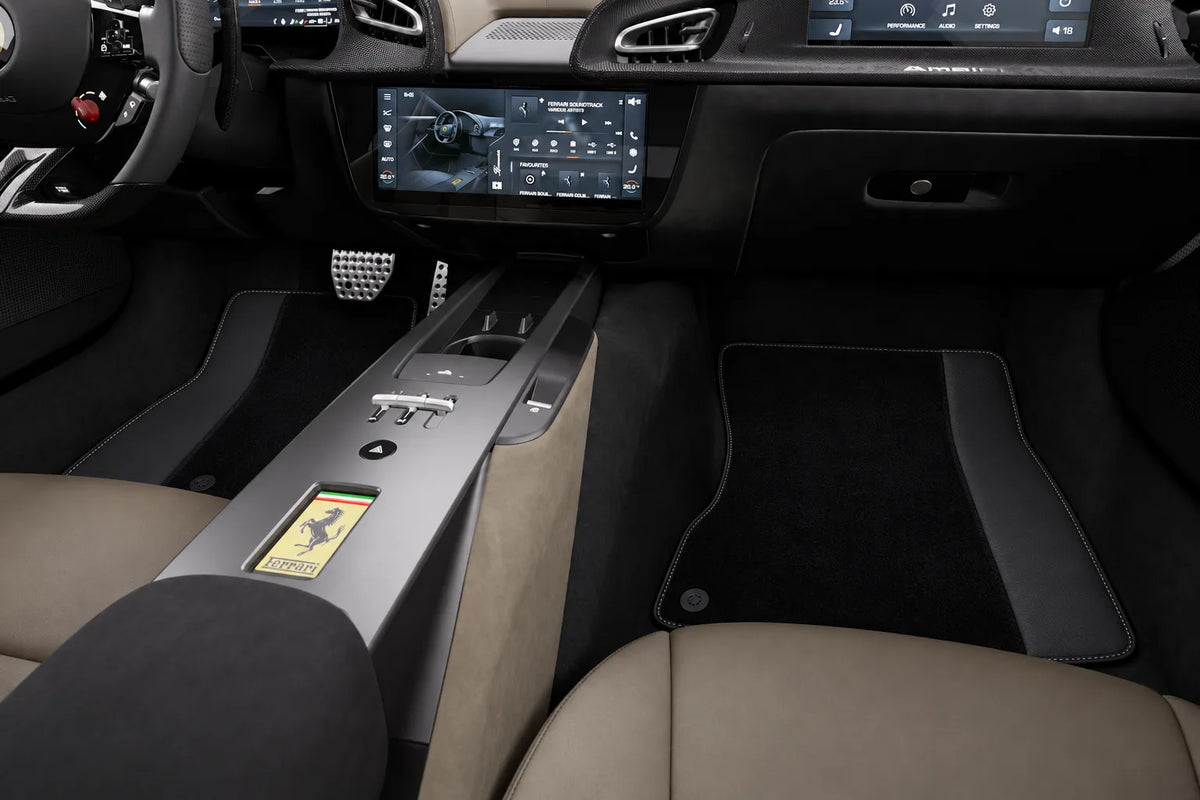 Custom Black Floor Mats for Ferrari Amalfi (2025-2027) with Leather inside the vehicle