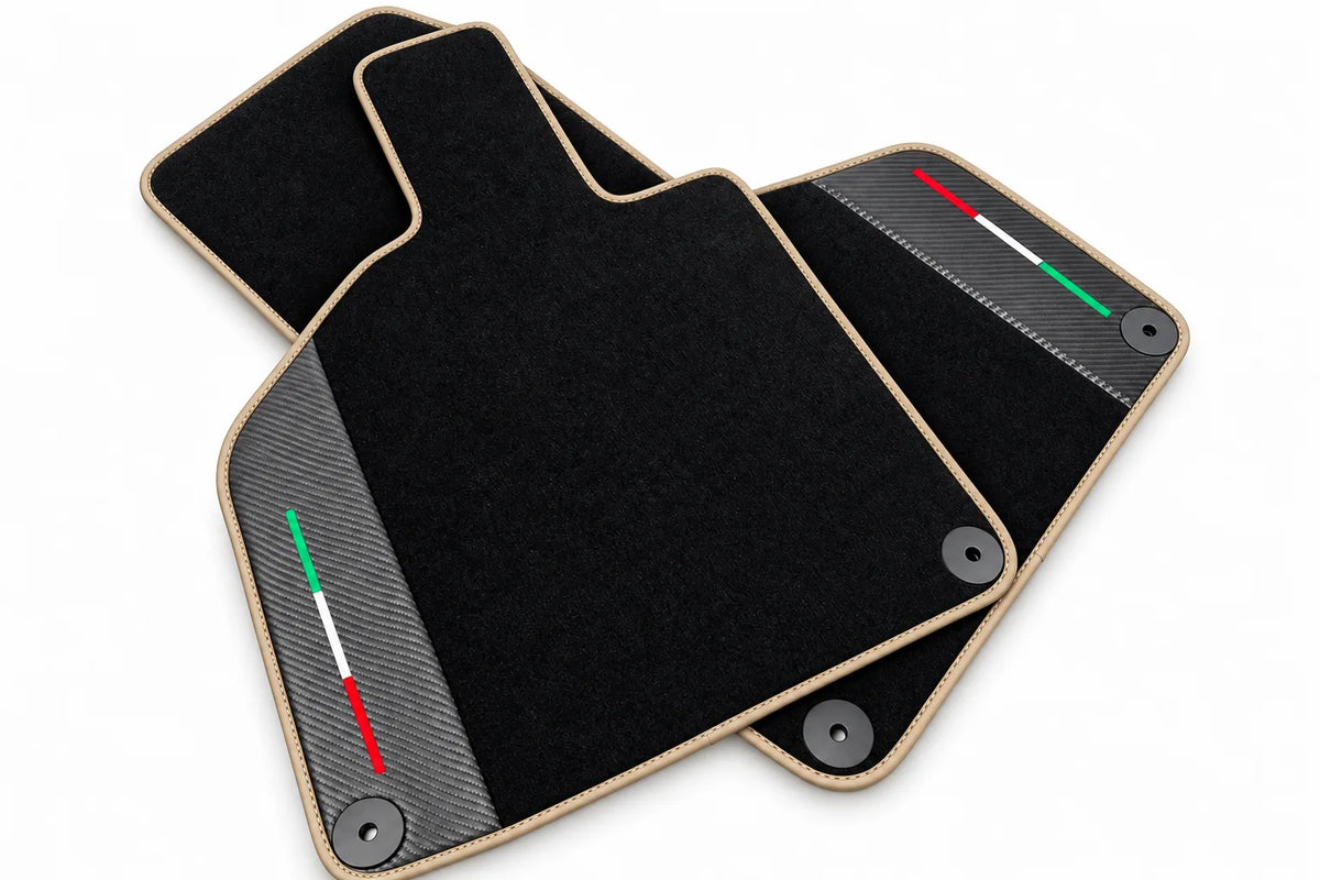 Custom Black Floor Mats for Lamborghini Huracan with Carbon Fiber Leather Beige trim