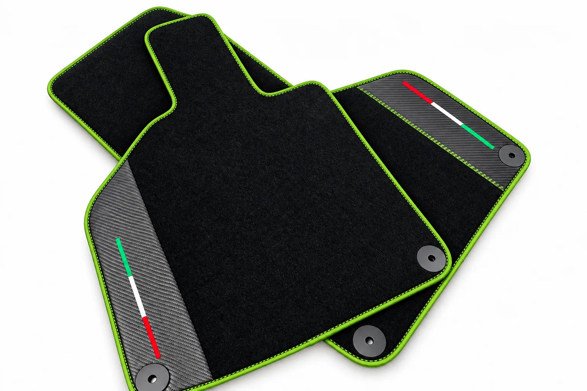 Custom Black Floor Mats for Lamborghini Huracan with Carbon Fiber Leather Green trim