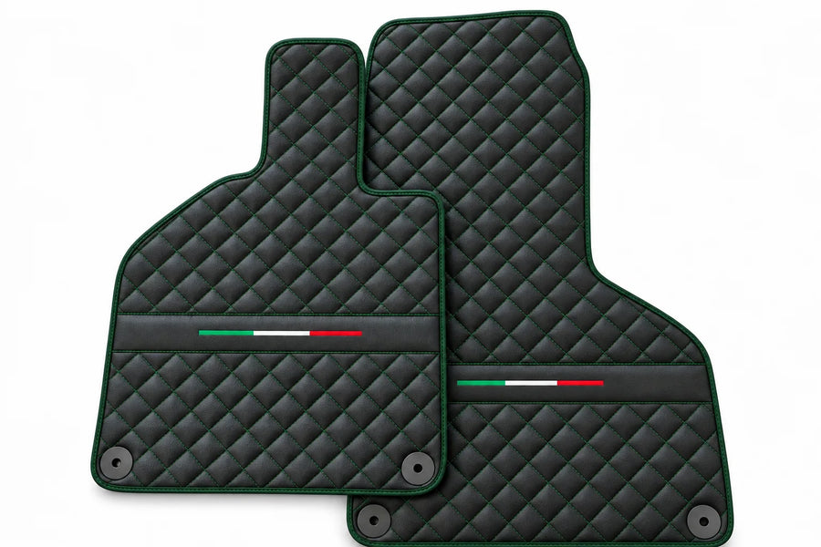 Custom Black Leather Floor Mats for Lamborghini Huracan Perfomante | Green Stitching Dark Green trim