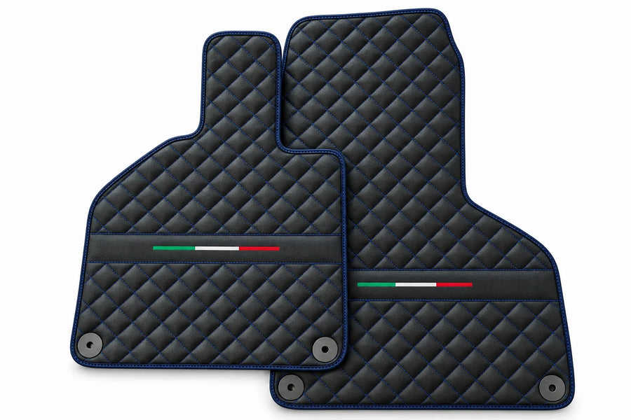 Custom Black Leather Floor Mats for Lamborghini Huracan Perfomante | Green Stitching Dark Blue trim
