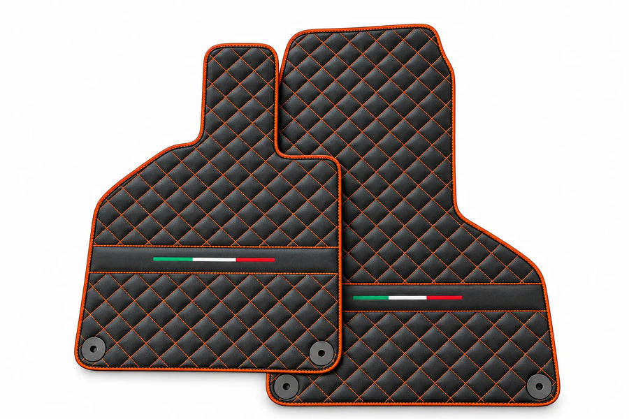 Custom Black Leather Floor Mats for Lamborghini Huracan Perfomante | Green Stitching Orange trim