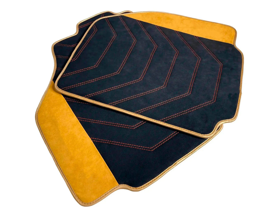 Customizable Black Floor Mats for Ferrari 488 Pista Spider with Tan Alcantara Leather