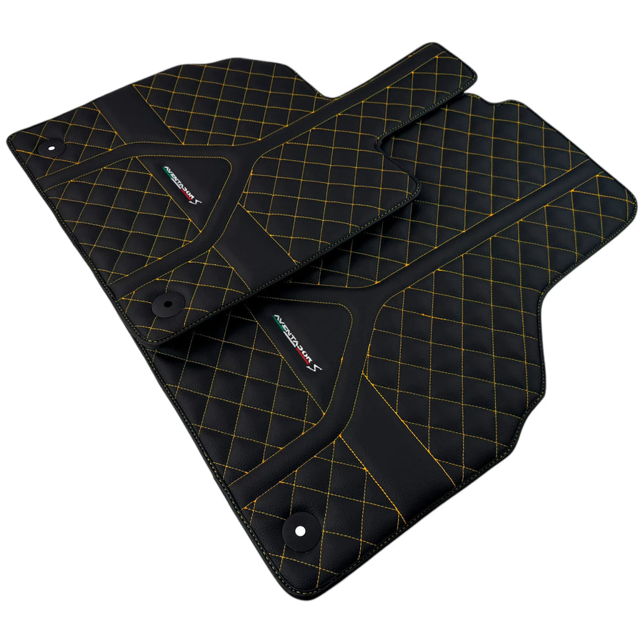 Customizable Black Leather Floor Mats for Lamborghini Aventador S | Yellow Stitching