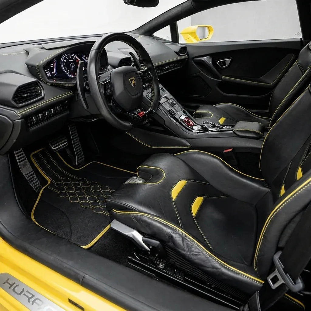 Customizable Leather Floor Mats with AW19 Pattern for Lamborghini Huracan EVO (2019-2024) inside the vehicle