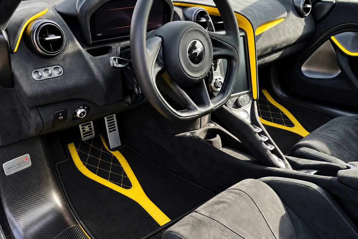 Customizable Leather Floor Mats with AW28 Pattern for McLaren 750S (2023-2025) inside the vehicle