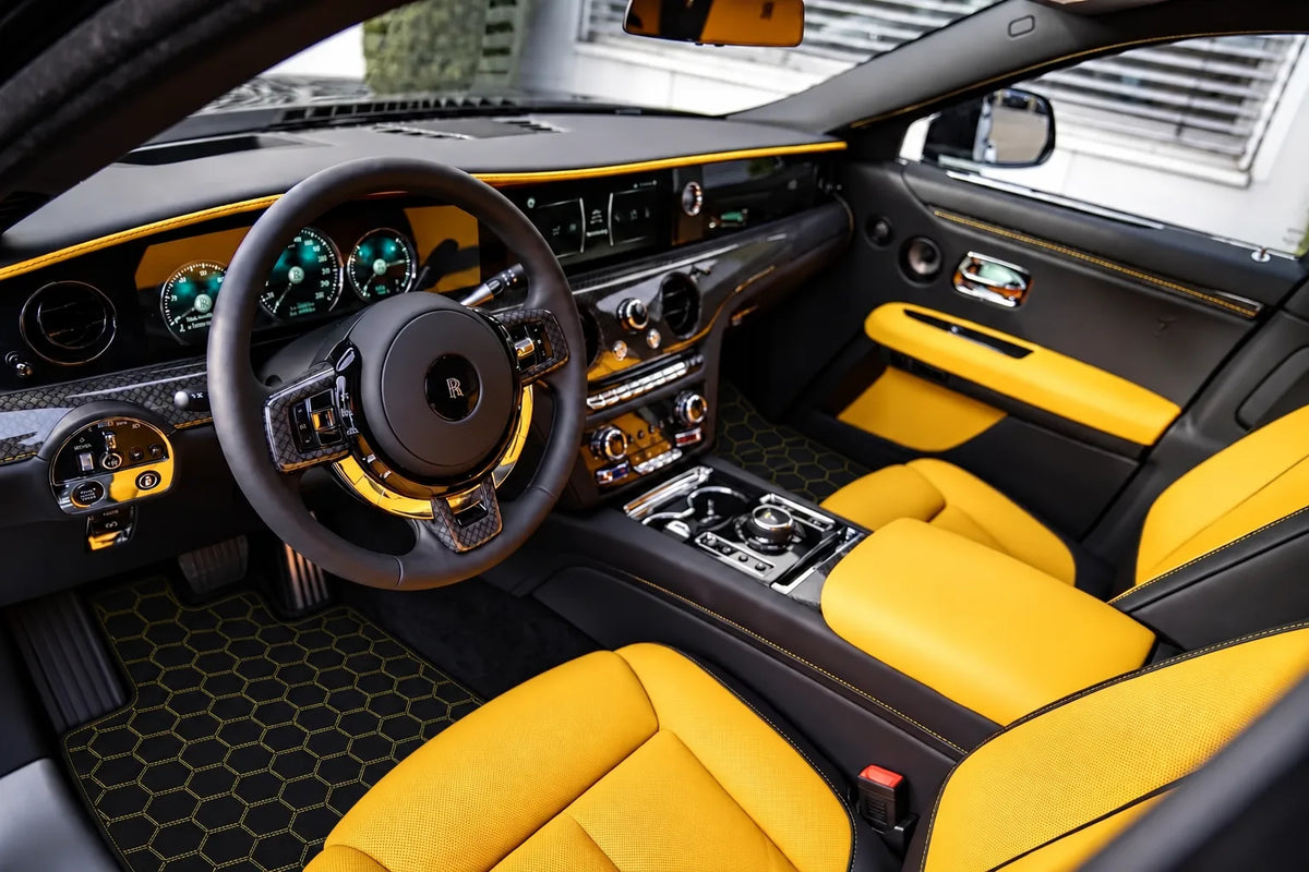 Customizable Leather Floor Mats with Hexagon Hex Pattern for Rolls Royce Ghost Series II (2021–2024) inside the vehicle