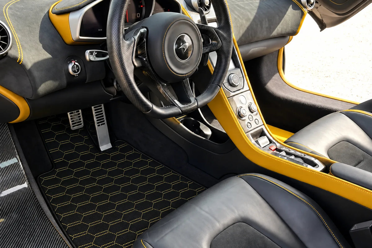 Customizable Leather Floor Mats with Interlaced Hex Pattern for McLaren 650S (2015-2018) inside the vehicle