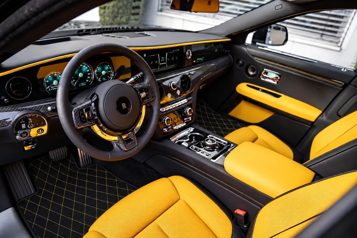 Customizable Leather Floor Mats with Single Diamond Pattern for Rolls Royce Ghost Series II (2021–2024) inside the vehicle