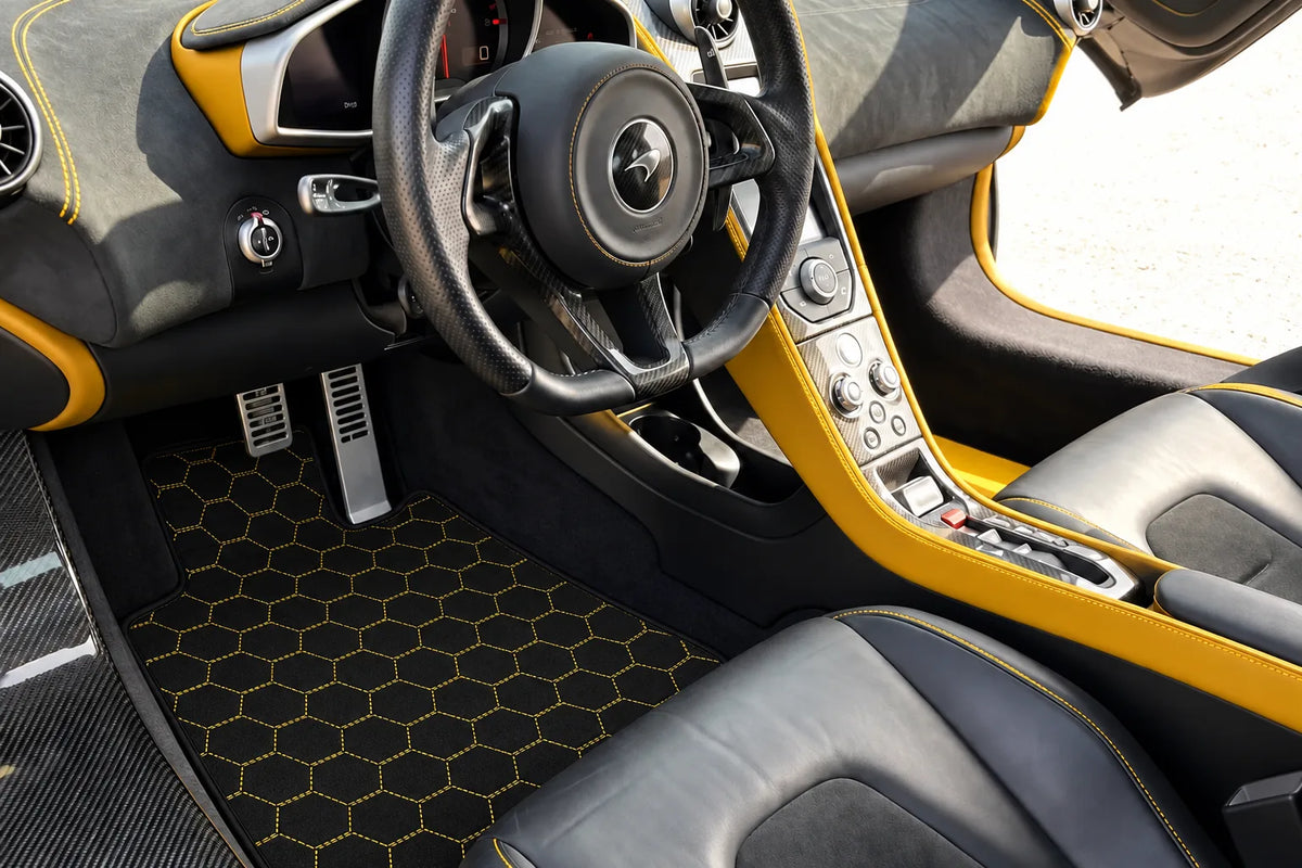 Customizable Leather Floor Mats with Symmetrical Hex Pattern for McLaren 650S (2015-2018) inside the vehicle