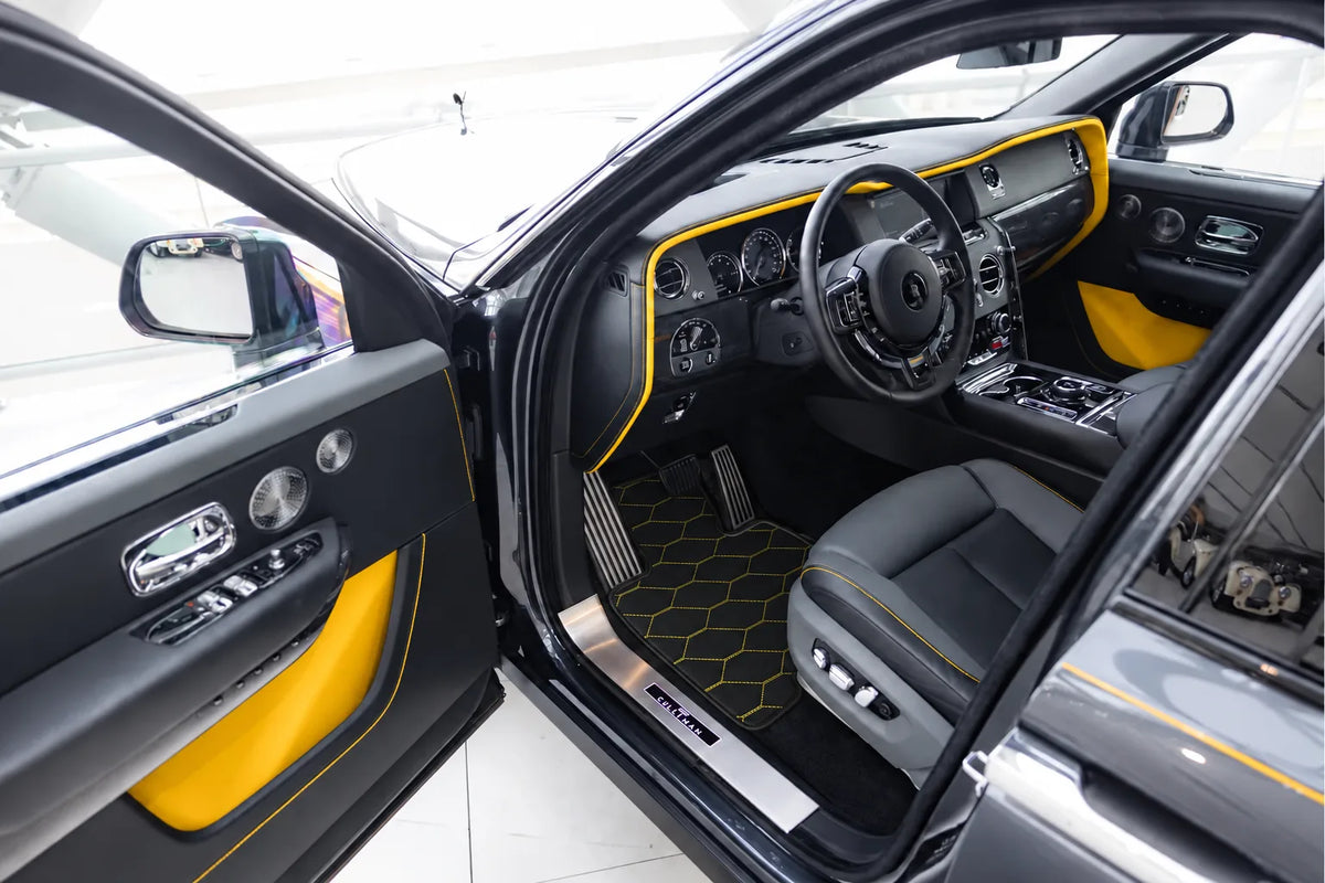 Customizable Leather Floor Mats with Viper Hex Pattern for Rolls Royce Cullinan (2018-2025) inside the vehicle