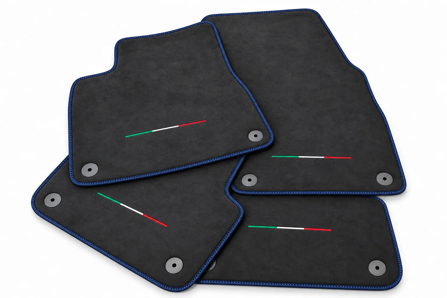 Floor Mats For Lamborghini Urus Alcantara Leather With Yellow Stitching Dark Blue trim