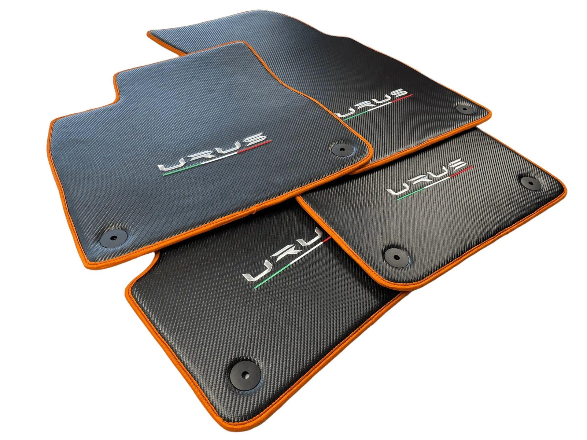 Floor Mats For Lamborghini Urus Carbon Leather Tailored Orange Trim - AutoWin