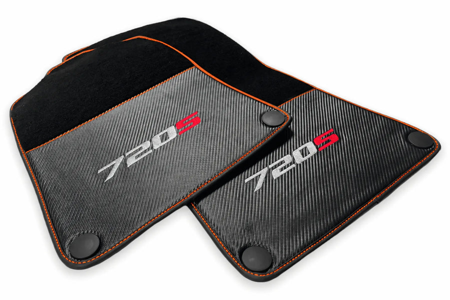 Floor Mats For McLaren 720S Black Tailored Carpets With Carbon Orange trim
