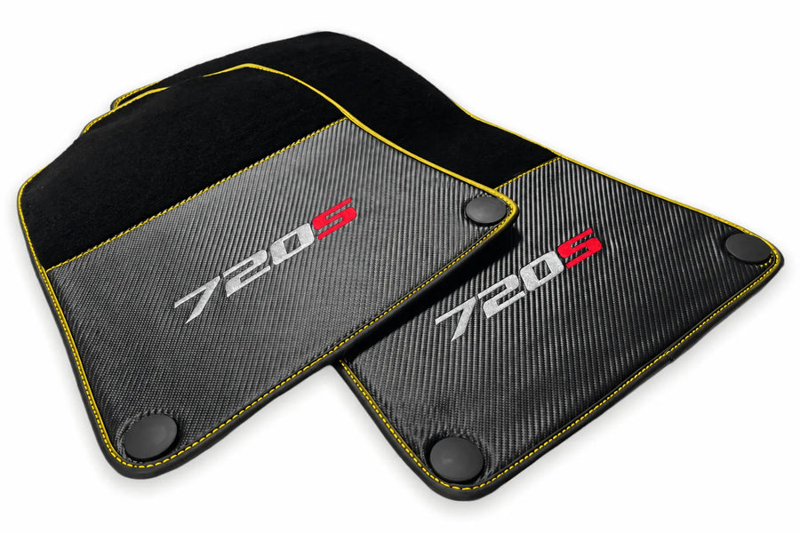 Floor Mats For McLaren 720S Black Tailored Carpets With Carbon Yellow trim