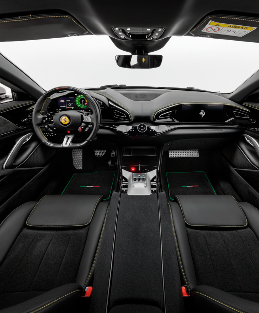 Svarte bilmatter for Ferrari Purosangue med grønne detaljer | Italiensk utgave