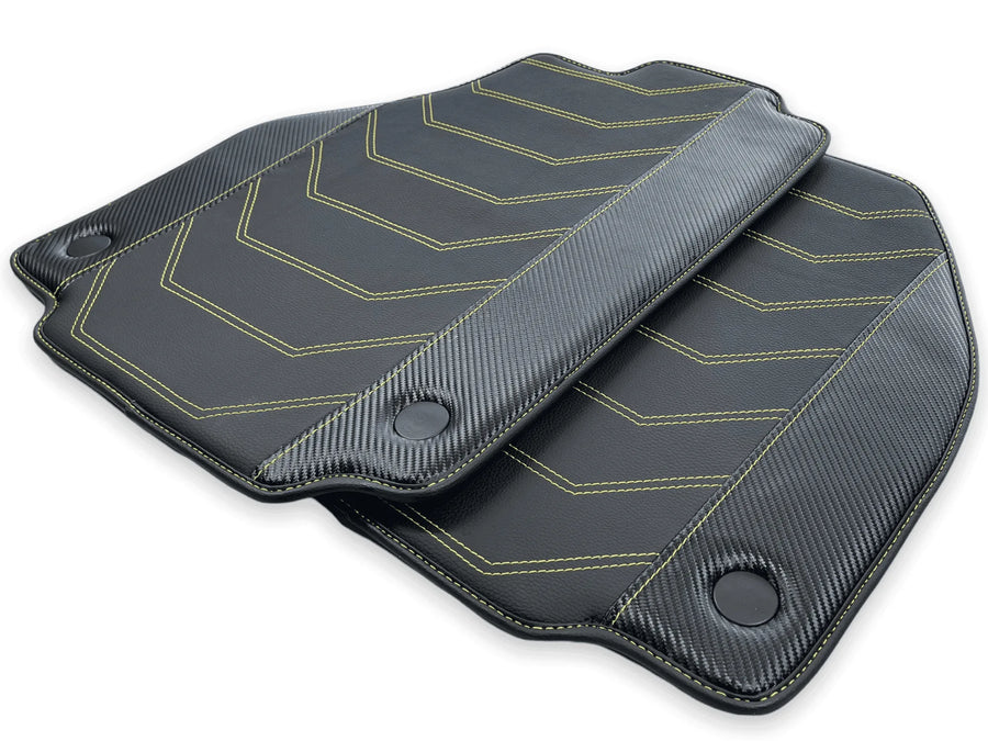 Leather Floor Mats For Ferrari 458 Spider 2012-2015 Black With Yellow Sewing
