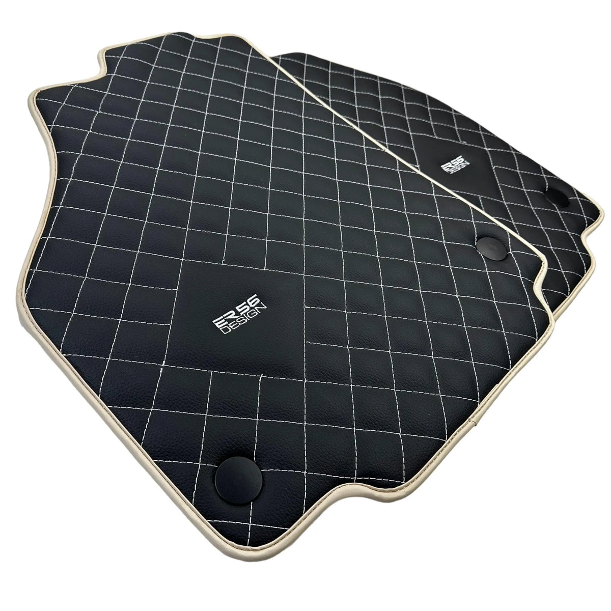 Leather Floor Mats for Ferrari 488 Spider 2015-2022 with White Sewing ER56 Design | Beige Trim - AutoWin